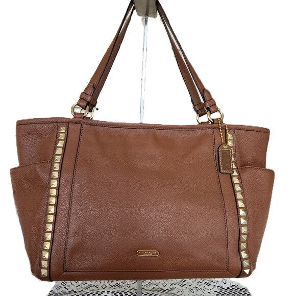 Coach Brown Leather Studded Tote Bag Purse - Picture 1 of 15